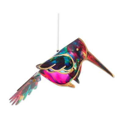 Recycled plastic mobile, 'Hummingbird Imagination' - Handcrafted Leafy and Hummingbird Recycled Plastic Mobile