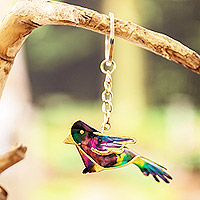 Llavero de plástico reciclado, 'Tropical Charm' - Llavero de pájaro de plástico reciclado pintado a mano de Costa Rica
