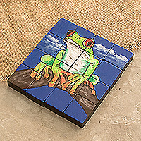 Wood puzzle, 'Tropical Croak' - Hand-Painted Frog-Themed Pinewood Puzzle with 16 Pieces