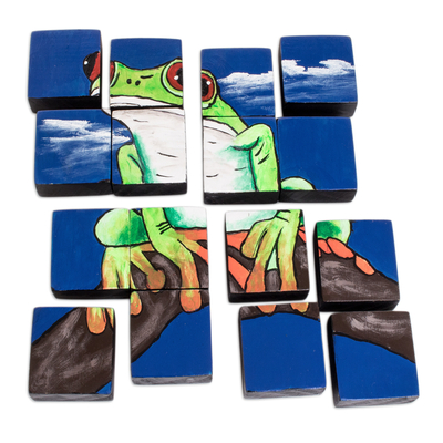 Wood puzzle, 'Tropical Croak' - Hand-Painted Frog-Themed Pinewood Puzzle with 16 Pieces