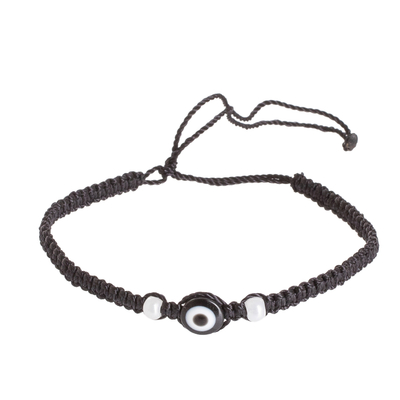 Crystal macrame pendant bracelet, 'Dark Nazar' - Handcrafted Macrame Pendant Bracelet with Black Nazar Amulet