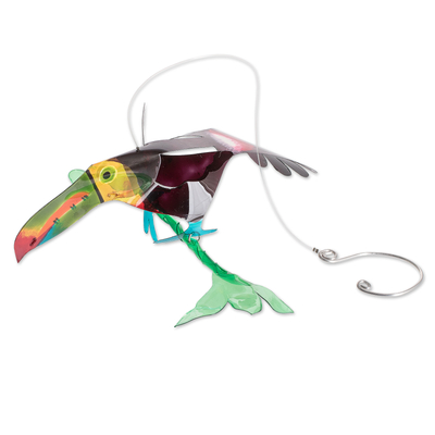 Recycled plastic mobile, 'Paradise Fauna' - Hand-Painted Recycled Plastic Mobile of a Colorful Toucan