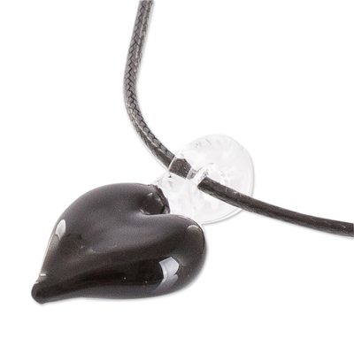 Art glass pendant necklace, 'Night Passion' - Adjustable Art Glass Necklace with Black Heart Pendant