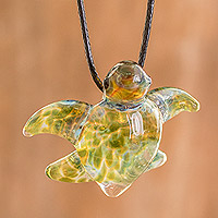 Art glass pendant necklace, 'Marine Aura' - Art Glass Sea Turtle Pendant Necklace with Waxed Cotton Cord