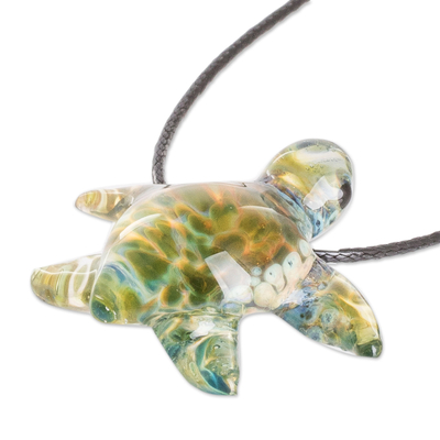 Halskette mit Anhänger aus Kunstglas - Halskette mit Meeresschildkröten-Anhänger aus Kunstglas mit gewachster Baumwollkordel
