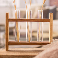 Teak and glass vase, 'Home Delight' - Teak Wood Stand with Glass Tube Vases from Guatemala