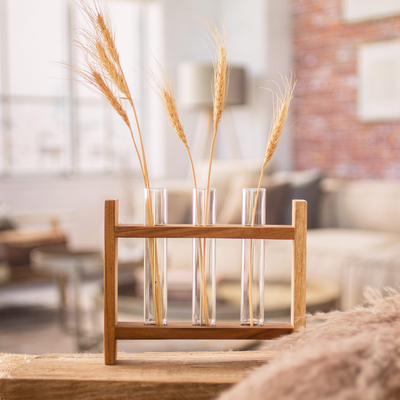 Teak and glass vase, 'Home Delight' - Teak Wood Stand with Glass Tube Vases from Guatemala