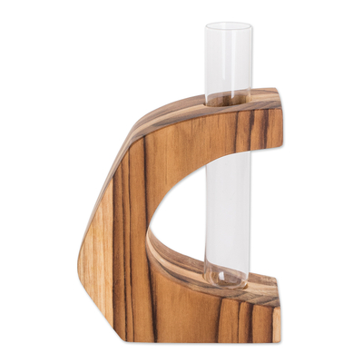 Teak and glass vase, 'Home Sophistication' - Watertight Teak Wood Vase with Glass Tube from Guatemala