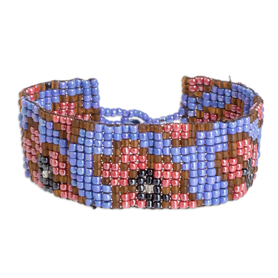 Crystal and glass beaded wristband bracelet, 'Floral Shapes' - Floral-Themed Crystal and Glass Beaded Wristband Bracelet