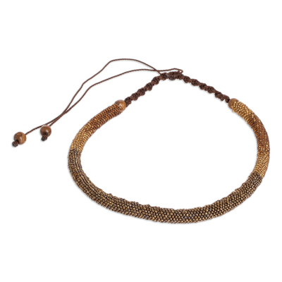 Glass beaded necklace, 'Coffee Emotions' - Warm Toned Glass Beaded Necklace with Pinewood Accents