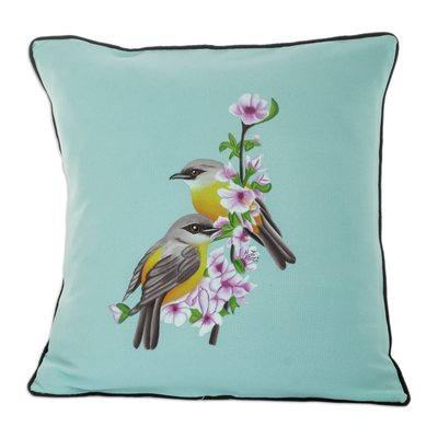 Hand-painted cushion cover, 'Little Birds' - Polyester Aqua Cushion Cover with Hand-Painted Design