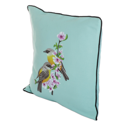 Hand-painted cushion cover, 'Little Birds' - Polyester Aqua Cushion Cover with Hand-Painted Design