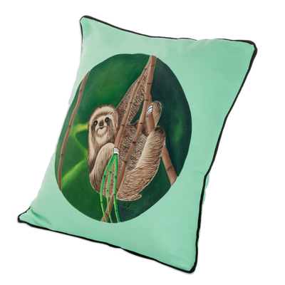 Hand-painted cushion cover, 'Dreamy Sloth' - Polyester Mint Cushion Cover with Hand-Painted Scene