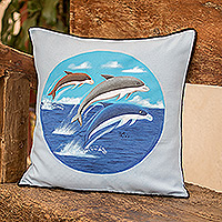 Hand-painted cushion cover, 'Marine Spirits' - Polyester Blue Cushion Cover with Hand-Painted Dolphins