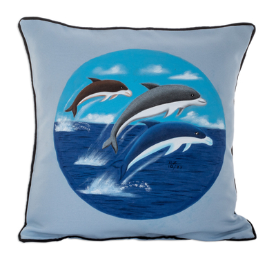 Hand-painted cushion cover, 'Marine Spirits' - Polyester Blue Cushion Cover with Hand-Painted Dolphins
