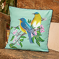 Hand-painted cushion cover, 'Chanting Family' - Polyester Aqua Cushion Cover with Hand-Painted Birds