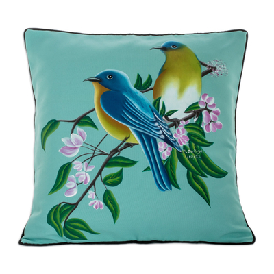 Hand-painted cushion cover, 'Chanting Family' - Polyester Aqua Cushion Cover with Hand-Painted Birds