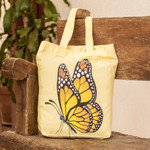 Hand-painted tote bag, 'Spring Wings' - Hand-Painted Butterfly-Themed Polyester Tote Bag in Yellow