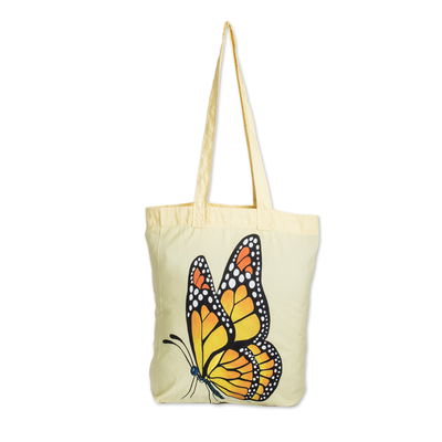 bolso tote pintado a mano - Bolso tote de poliéster pintado a mano con diseño de mariposas en amarillo