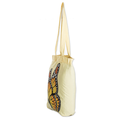 Hand-painted tote bag, 'Spring Wings' - Hand-Painted Butterfly-Themed Polyester Tote Bag in Yellow