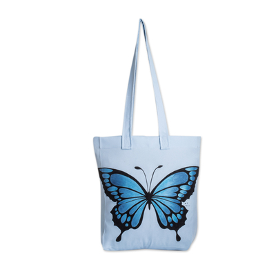 bolso tote pintado a mano - Bolso tote de poliéster pintado a mano con diseño de mariposas en azul