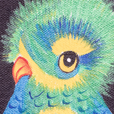 'Quetzal' - Pintura impresionista acrílica estirada firmada de pájaro