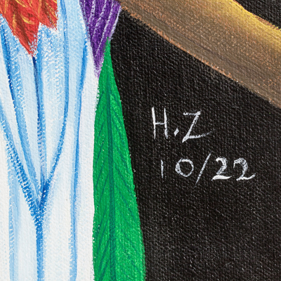 'Quetzal' - Pintura impresionista acrílica estirada firmada de pájaro