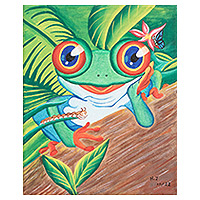 'Frog' - Signed Stretched Acrylic Naif Painting in a Vibrant Palette
