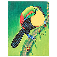 'Tucán' - Pintura impresionista acrílica estirada firmada en verde