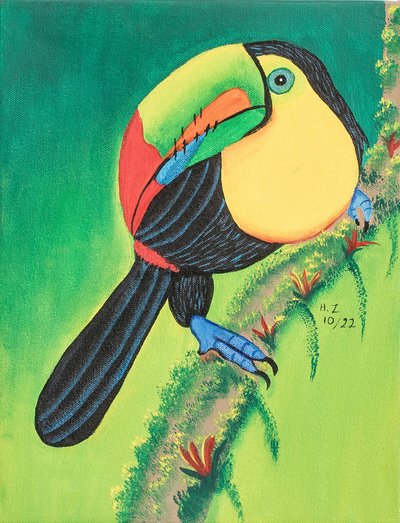 'Toucan' - Cuadro impresionista en acrílico estirado firmado en verde