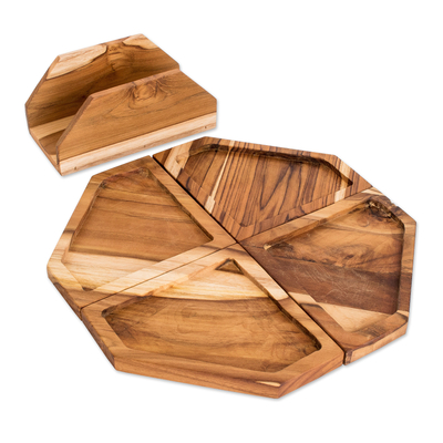 Teak appetizer platters, 'Sharing Time' (set of 4) - Set of 4 Teak Wood Appetizer Platters with Stand