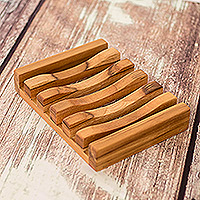 Jabonera de teca, 'Serenity' - Jabonera rectangular de madera de teca autodrenante de Guatemala