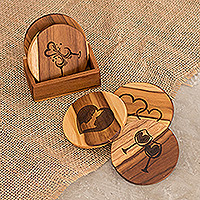 Teak coasters, 'In Love' (set of 4) - 4 Love-Themed Teak Wood Coasters with Stand from Guatemala