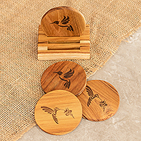 Teak coasters, 'Free Flight' (set of 4) - 4 Bird-Themed Teak Wood Coasters with Stand from Guatemala