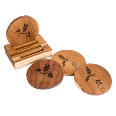 4 Bird-Themed Teak Wood Coasters with Stand from Guatemala