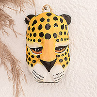 Wood mask, 'Jaguar's Majesty' - Handcrafted Balsa Wood Jaguar Mask from Costa Rica