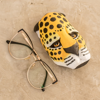 Holzmaske, 'Majestät des Jaguars - Handgefertigte Jaguarmaske aus Balsaholz aus Costa Rica