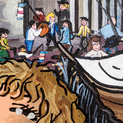 'Lanterns' - Pintura naif acrílica estirada firmada de niños y escuela