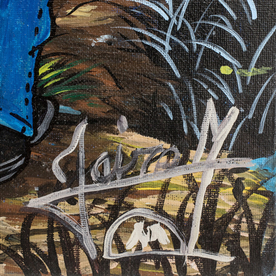 'Laternen' - Signiertes, gespanntes Acryl-Naif-Gemälde von Kindern und Schule
