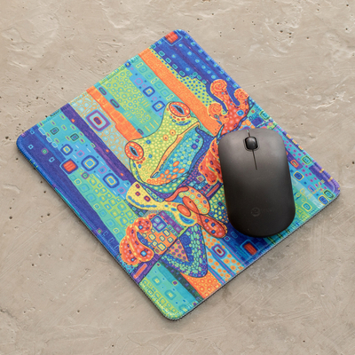 Rubber mouse pad, 'Tropical Frog' - Printed Multicolour Rubber Mouse Pad with Frog Image