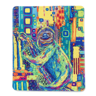 Rubber mouse pad, 'Tropical Sloth' - Printed Multicolor Rubber Mouse Pad with Sloth Image