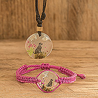 Macrame jewelry set, 'Loyal Friend' - Set of Resin Dog Pendant Necklace & Macrame Bracelet in Pink