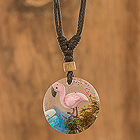 Resin pendant necklace, 'Pink Flamingo' - Resin Flamingo Pendant Necklace with Adjustable Cord