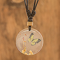 Resin pendant necklace, 'Flapping Butterfly' - Resin Butterfly Pendant Necklace with Adjustable Cord
