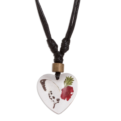 Resin pendant necklace, 'Dreamy Heart' - Heart-Shaped Resin Flower and Butterfly Pendant Necklace