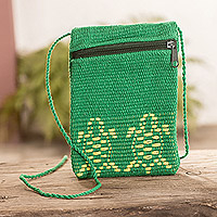 Cotton sling bag, 'Marine Life' - Hand-Woven Cotton Sling Bag in Green with Turtle Motif