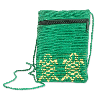 Hand-Woven Cotton Sling Bag in Green with Turtle Motif