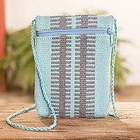 Cotton sling bag, 'Merry Sky' - Aqua and Grey Cotton Sling Bag Hand-Woven in Costa Rica