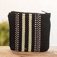 Cotton coin purse, 'Artisanal Stripes' - Hand-Woven Striped Cotton Coin Purse in Black and Yellow