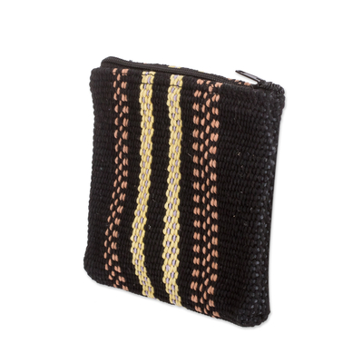 Cotton coin purse, 'Artisanal Stripes' - Hand-Woven Striped Cotton Coin Purse in Black and Yellow